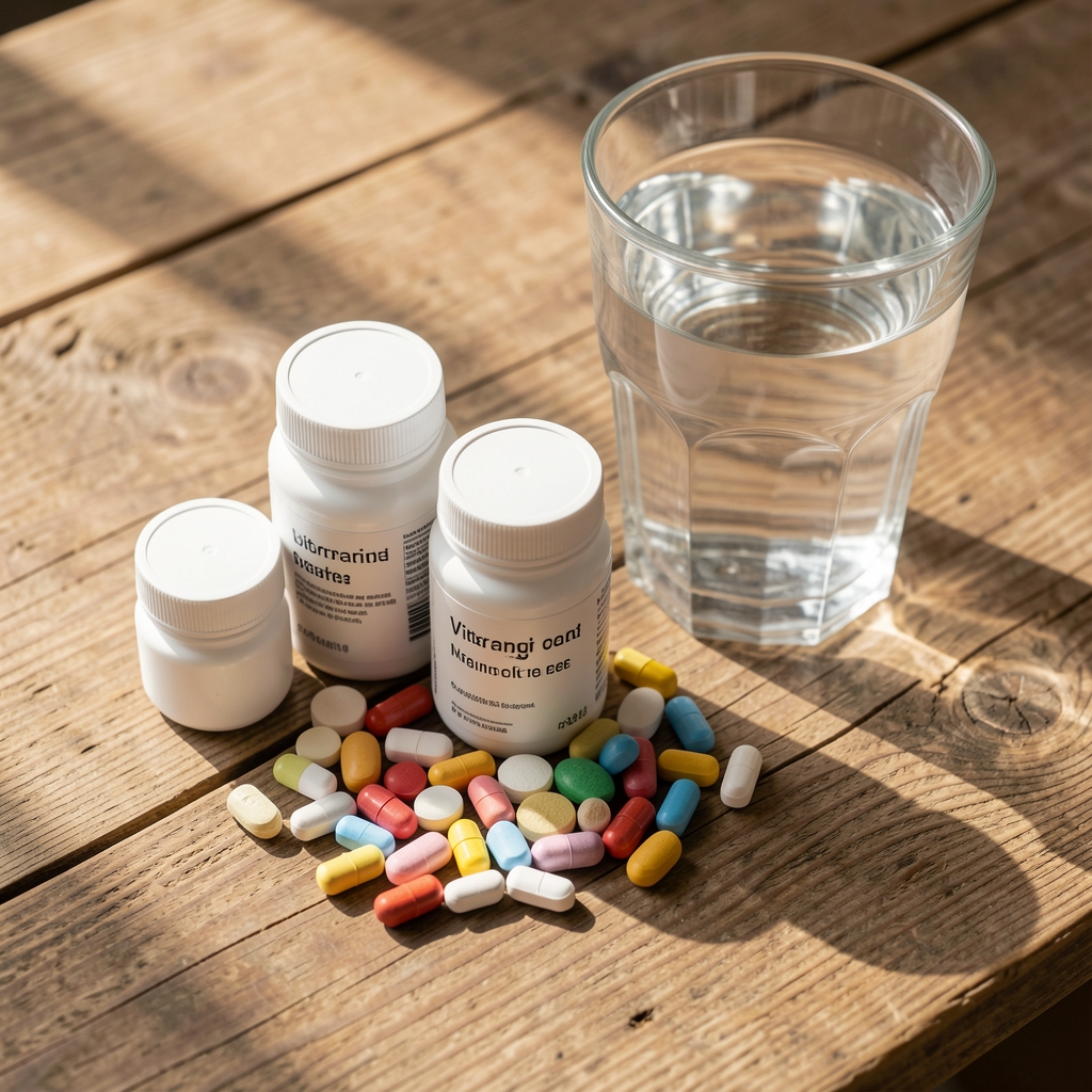 Close-up of vitamin supplement containers arranged on a wooden surface next to a glass of water, soft morning light, editorial overhead composition