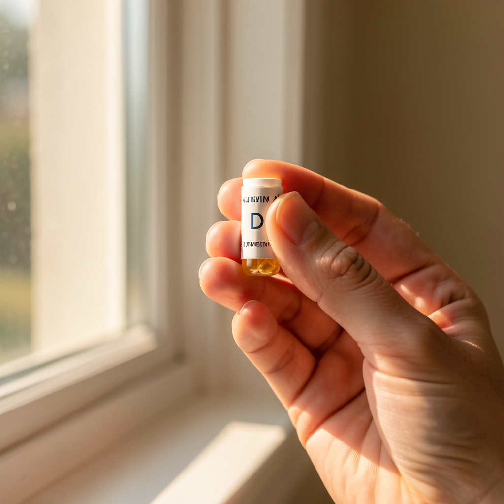 Vitamin D supplement capsule held near a sunlit window, soft natural light, neutral warm background, editorial still life